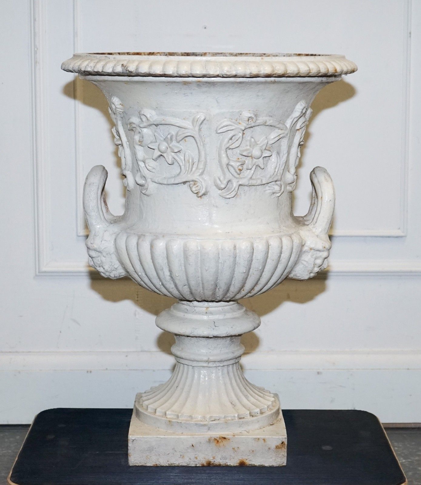 Victorian Painted Cast Iron Urn Flared Beaded Rims Above Scrolling Acanthus photo furniture