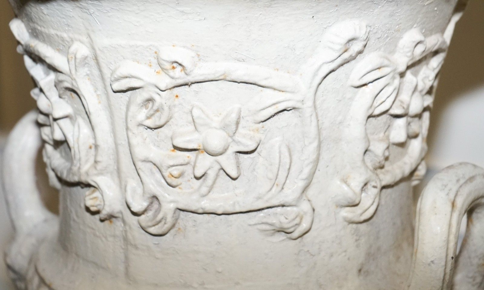 photo vinterior Victorian Painted Cast Iron Urn Flared Beaded Rims Above Scrolling Acanthus