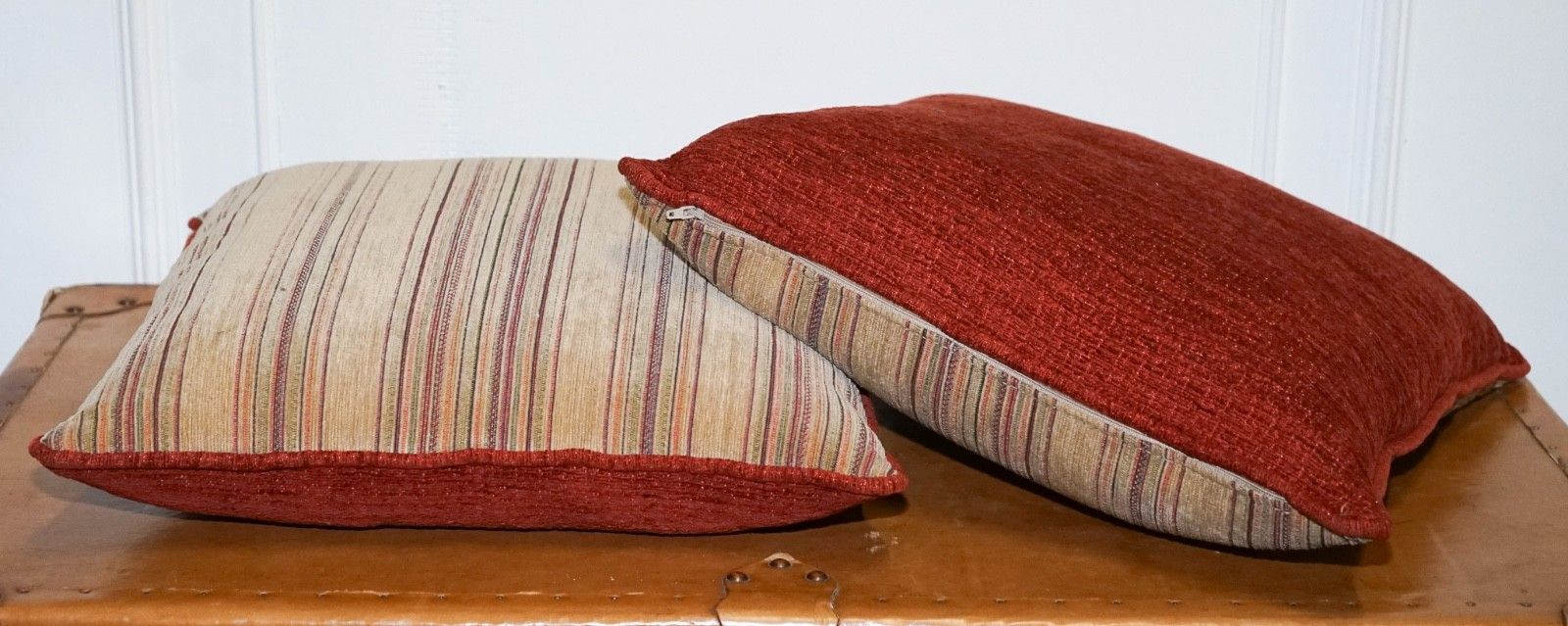 photo for sale Vintage Pair Of Beige Stripped & Burnt Orange Feather Filled Scatter Cushions