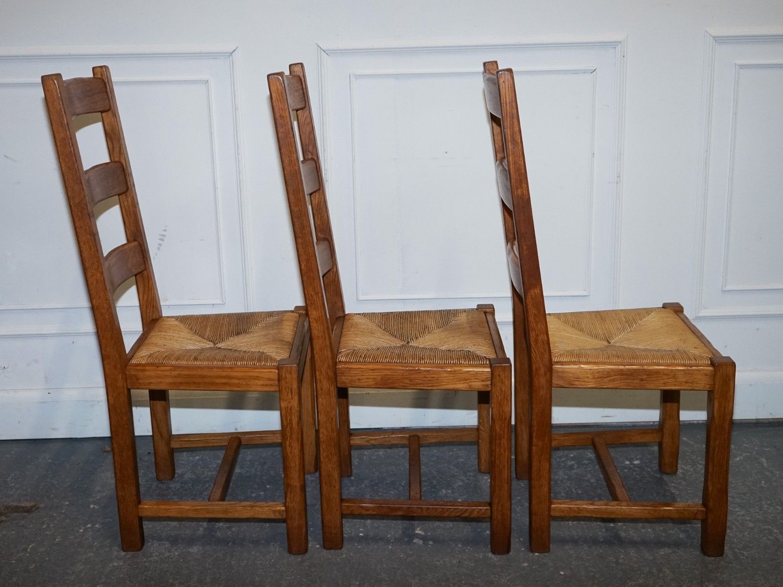 1950's French Set Of 6 Farm Country House Ladder Back Dining Chairs Straw Seats photo vinterior