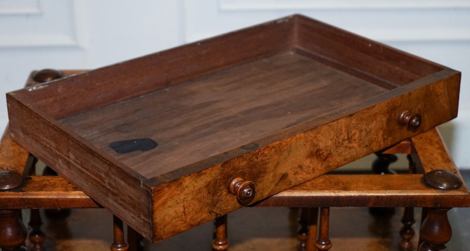 photo for sale Fine Antique Victorian 1860 Burr Walnut Canterbury Magazine Rack Bobbin Columns