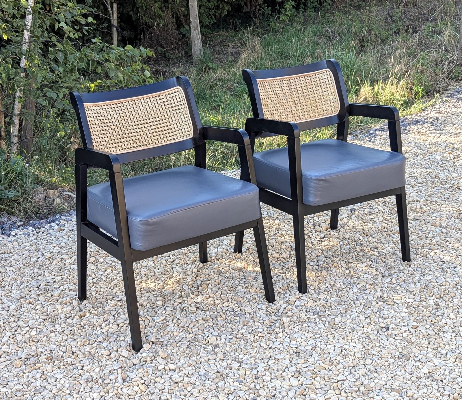 Pair Rattan Back Black Carver Dining Chairs   Occasional Armchairs Cafe Chairs photo for sale