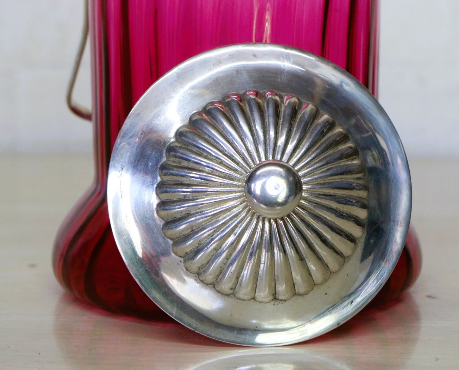 A Cranberry Glass Biscuit Barrel Early 20th Century Epns Fittings And Handle Excellent photo vinterior