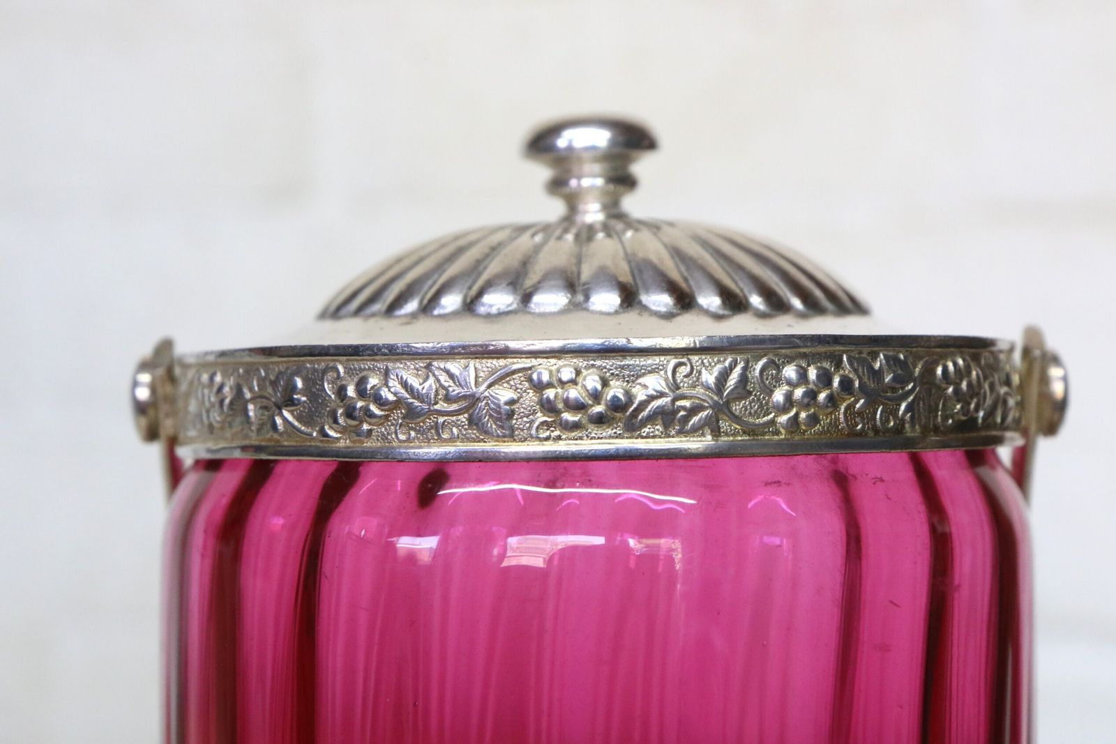 A Cranberry Glass Biscuit Barrel Early 20th Century Epns Fittings And Handle Excellent photo vintage