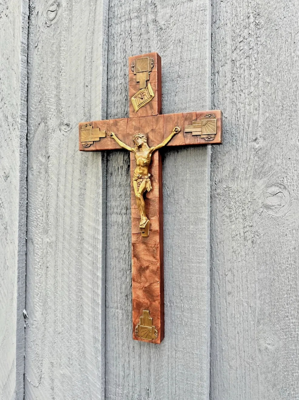 photo buy Antique Art Deco French Bakelite Gilded Wall Hanging Crucifix Church Cross Jesus