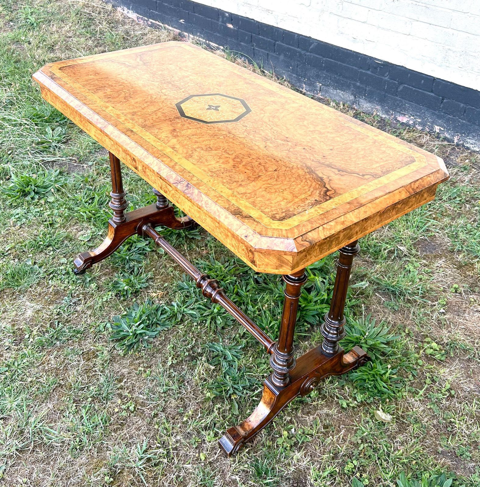 photo for sale Vintage Burr Walnut Side Wine Table Plant Stand Antique Wooden Arts And Crafts Hall Desk Industrial Occasional