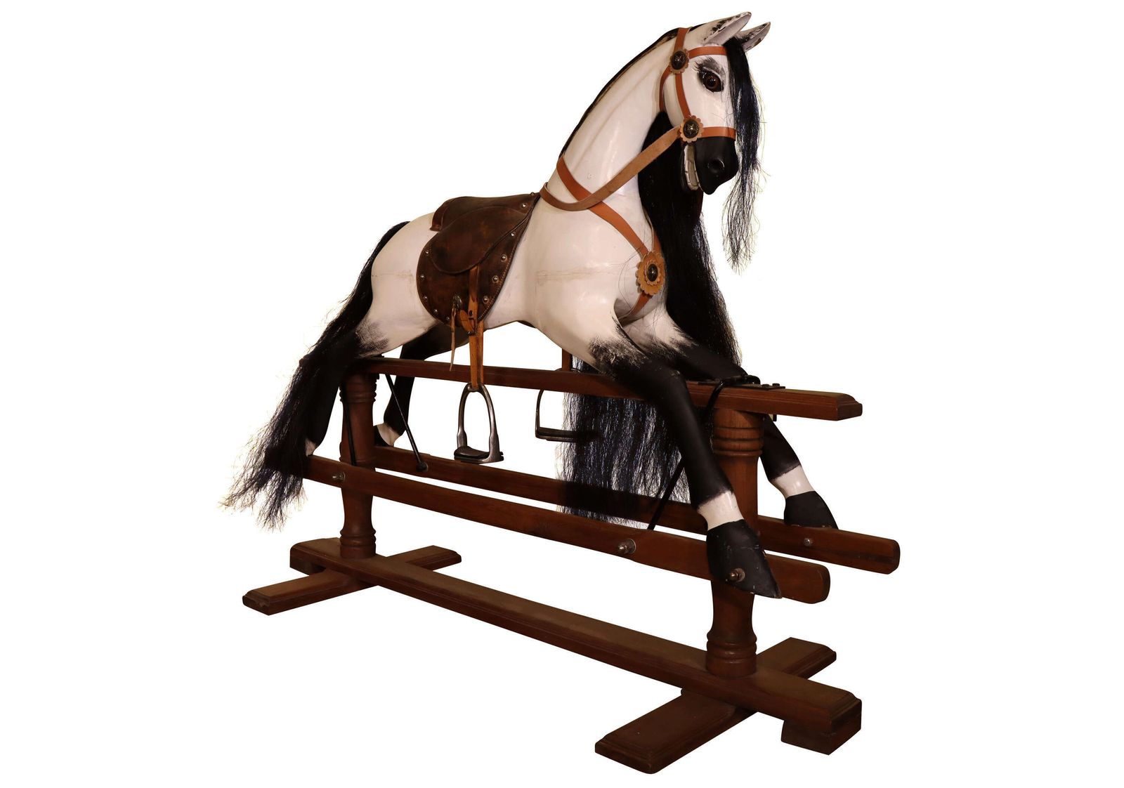 Large Mid 20th Century Dapple Grey Rocking Horse On Safety Stand photo furniture