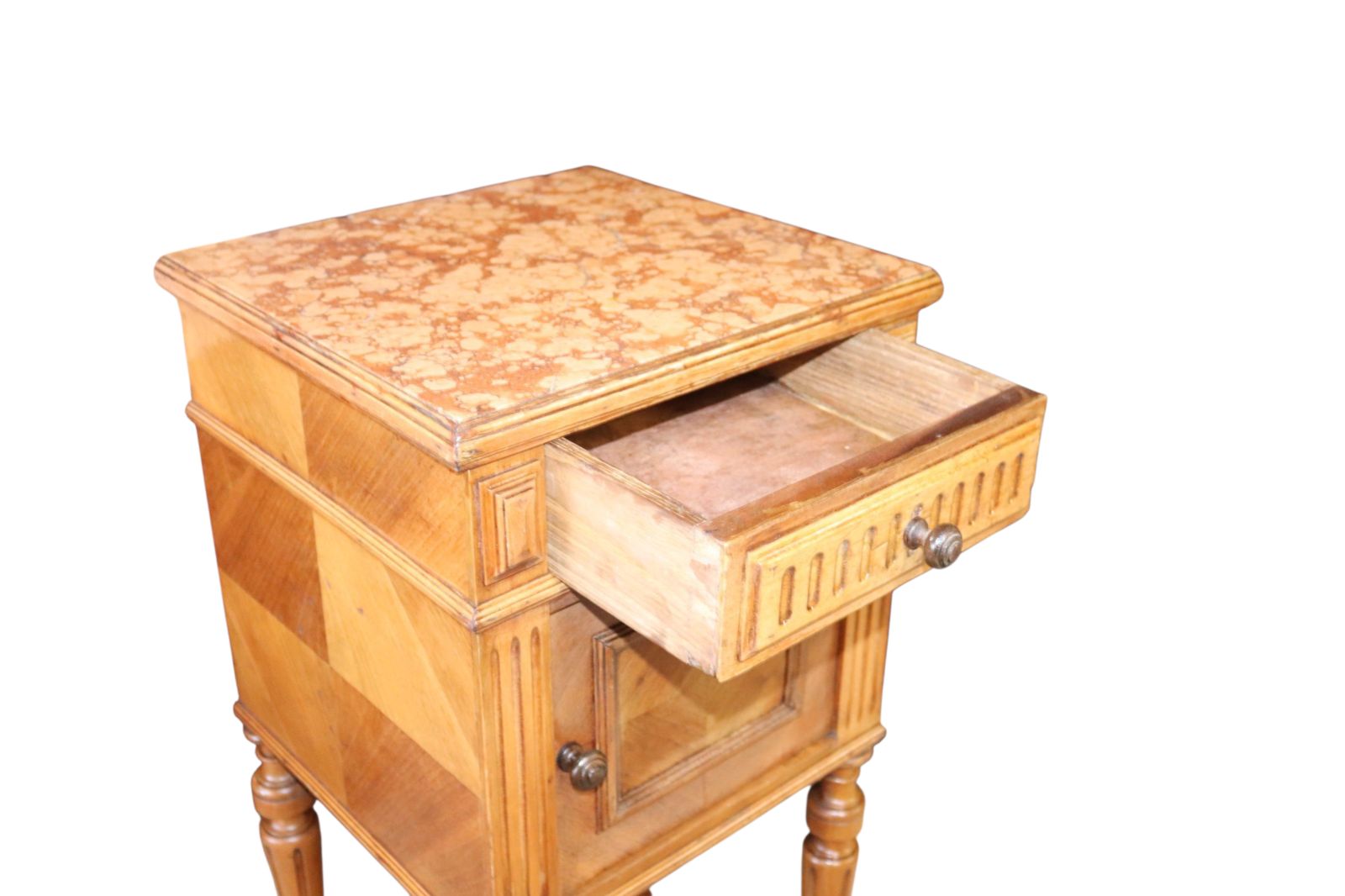 photo vinterior Antique French Walnut Marble Top Bedside Cabinet / Nightstand