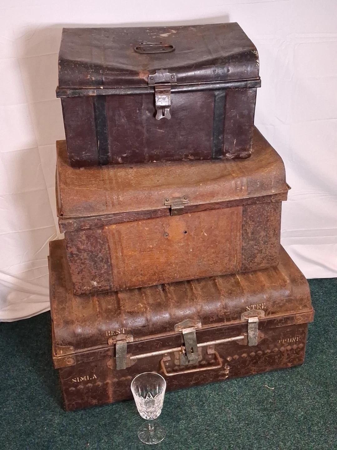 Trio Of Antique Metal Chests Ideal For Shop Display Or Industrial Look
