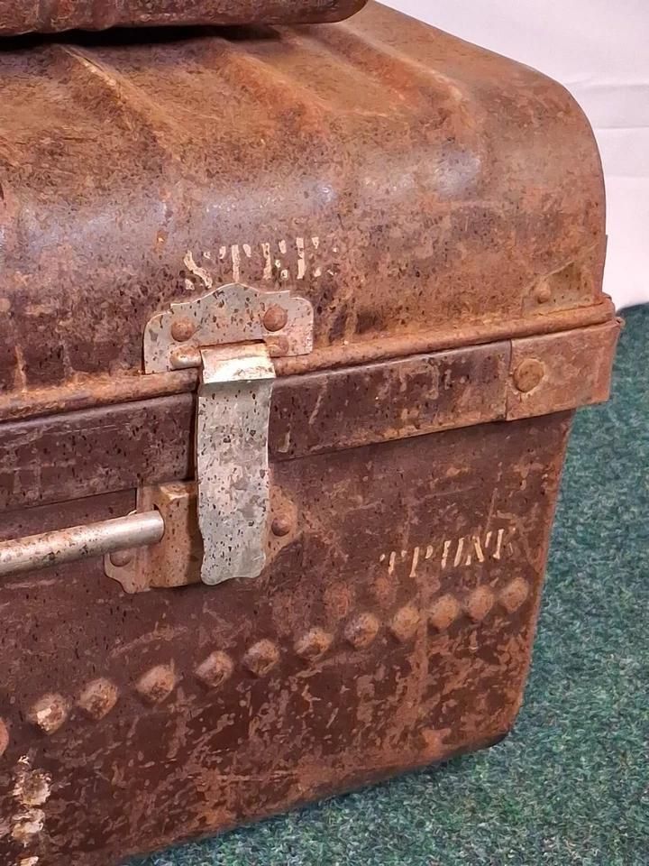 Trio Of Antique Metal Chests Ideal For Shop Display Or Industrial Look photo Furniture