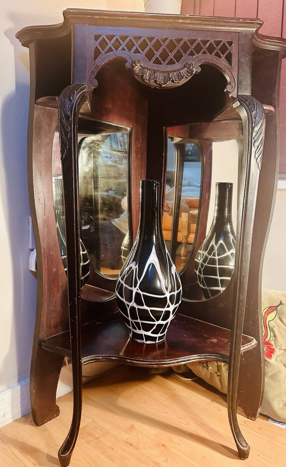Antique Victorian Ebony & Rosewood Mirrored Display  Cabinet Ebony Caribole Leg photo vinterior