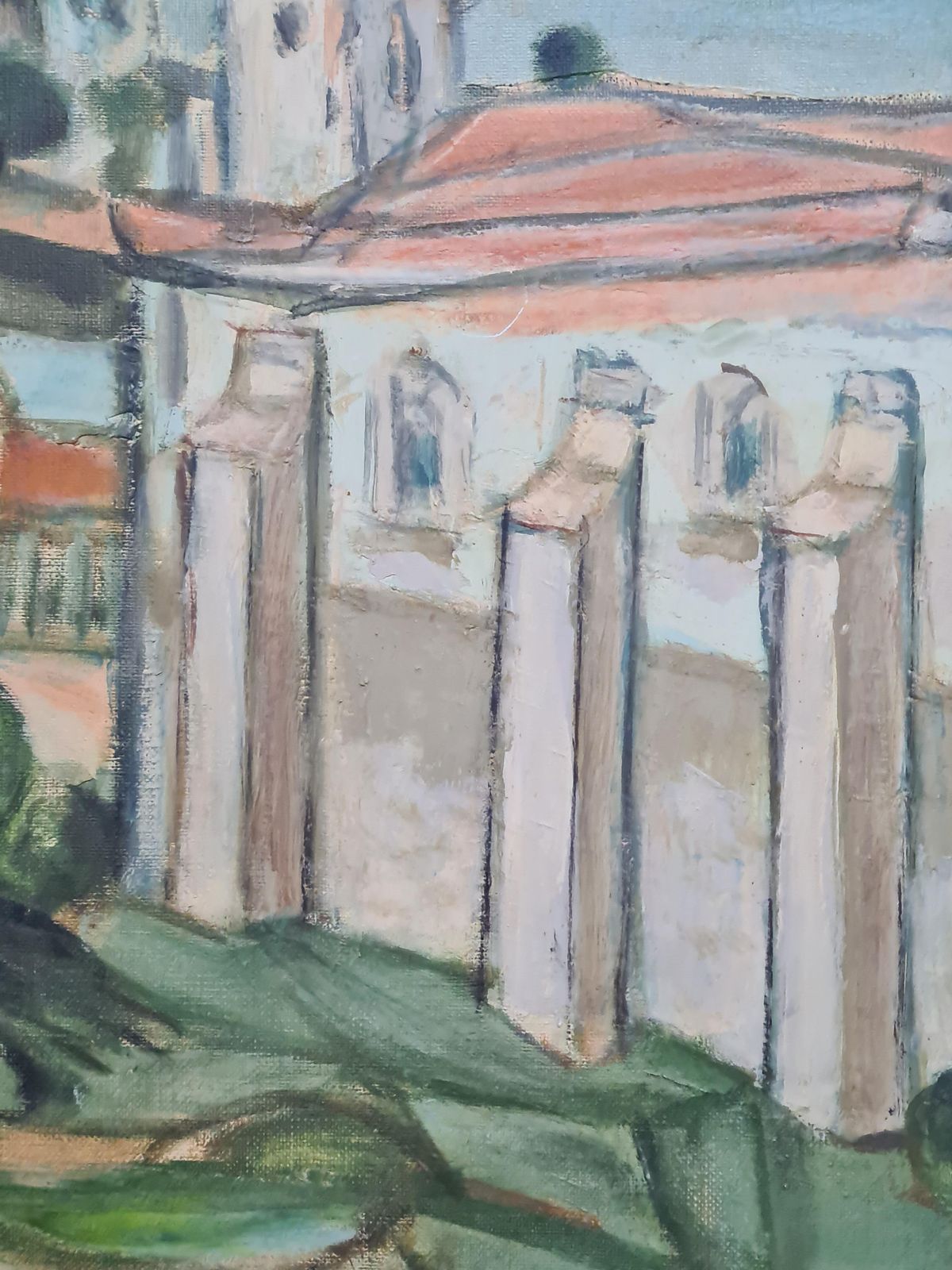 Mid Century Painting Of A Church, In A Monastery Garden From The 1950s By Shedlin (Reginald Schoedelin) photo vintage
