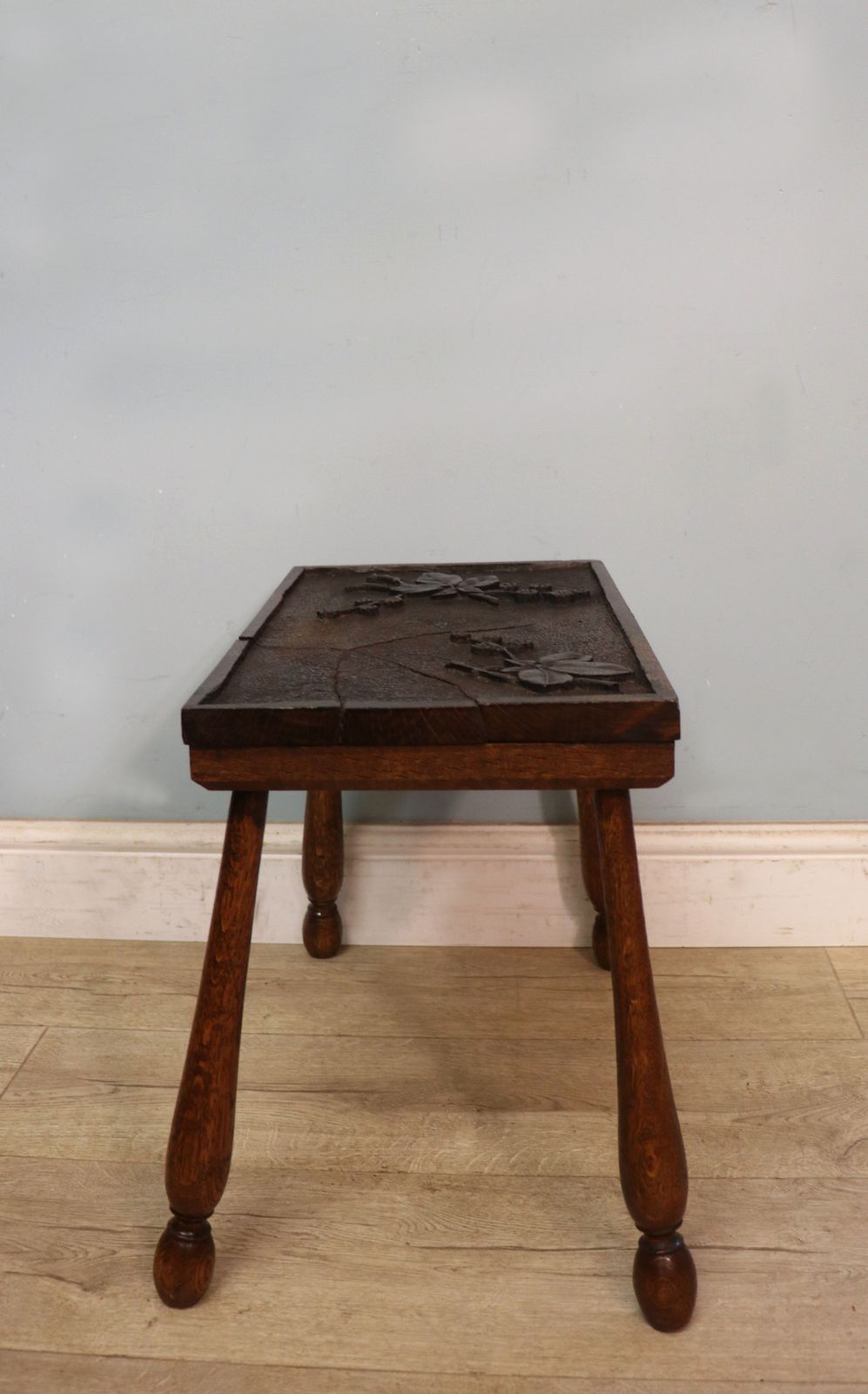 A Unique And Lovely Side Late 19th Century Oak Side Table The Top Beautifully Hand Carved  Bramble And Blackberry Decoration. photo for sale