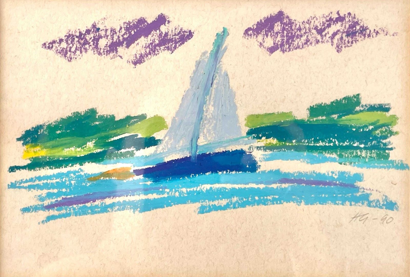 Abstract Minimalist Vintage Pastel On Paper Drawing Of Landscape By The Ocean With Sailboat By Hans Gregersen   Danish Art From The 1990s