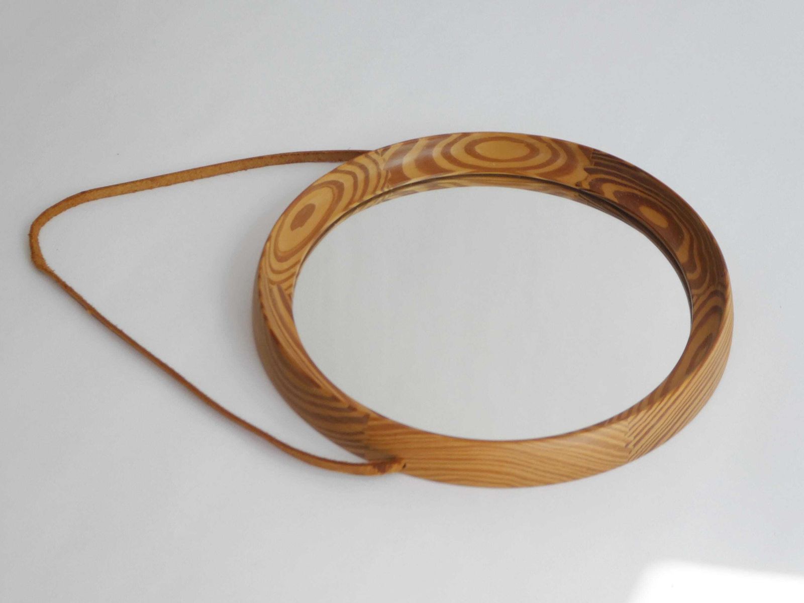 Mid Century Round Wooden Mirror With Leather Cord, Scandinavian Modern Wooden Wall Mirror, Danish Design photo vinterior