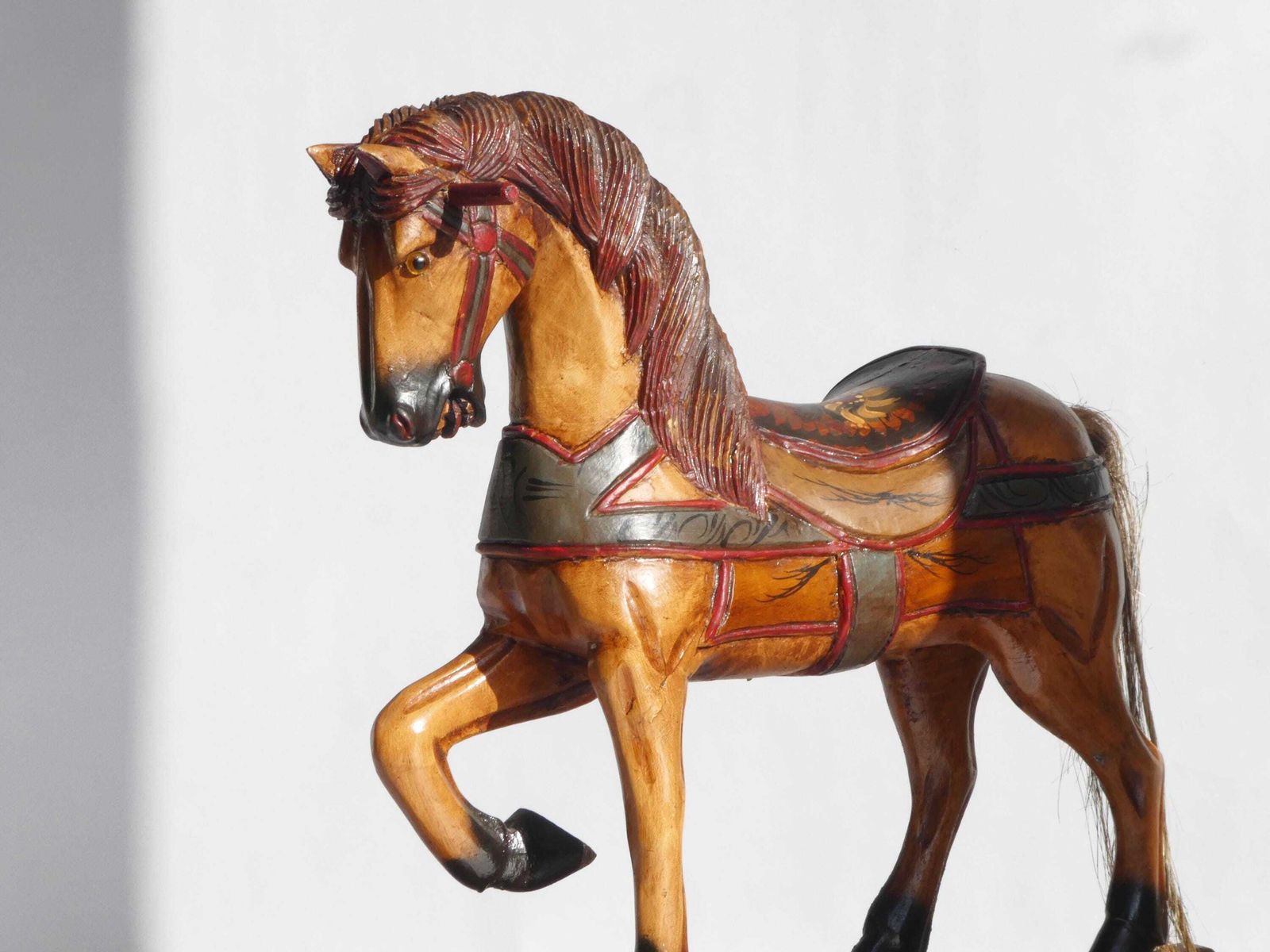Wood Carved Rocking Horse With Glass Eyes, Carousel Horse With Floral Painted Details, Old Animal Toy On Wheels, Art Object photo furniture