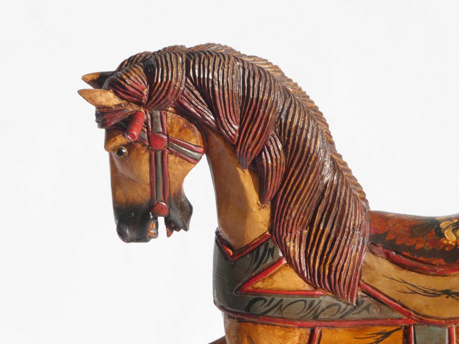 Wood Carved Rocking Horse With Glass Eyes, Carousel Horse With Floral Painted Details, Old Animal Toy On Wheels, Art Object photo 452.0