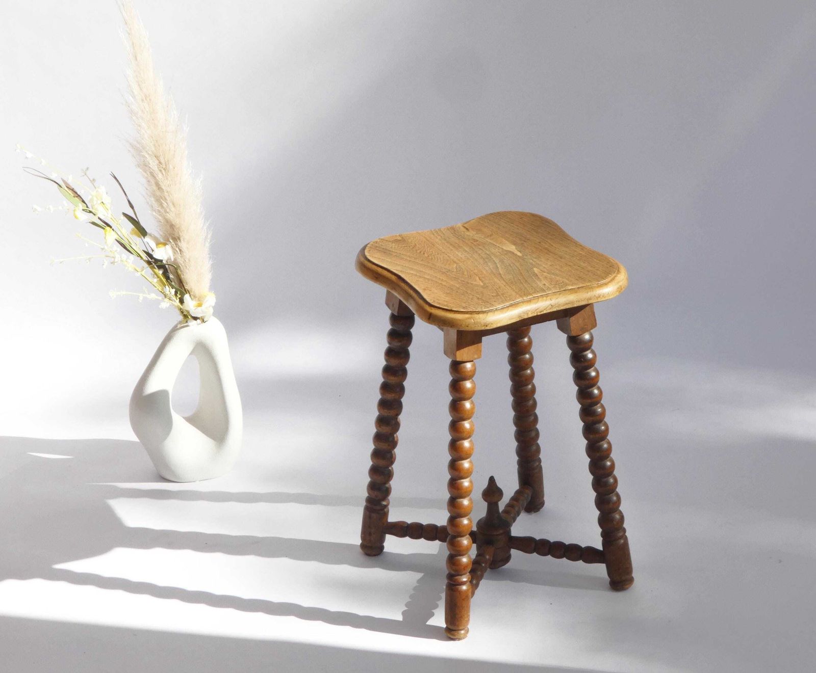 Antique Square Wooden Bobbin Side Table, Barley Twist Stool, Vintage Rustic Plant Stand, Farmhouse Decor photo 244.0