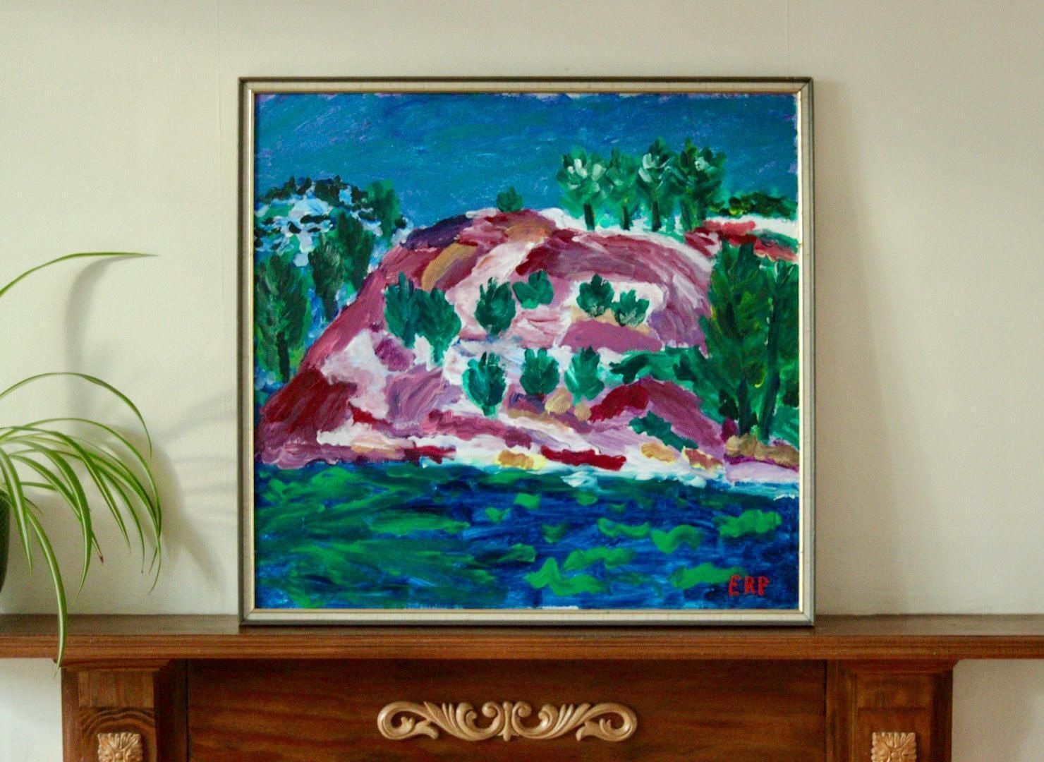 Original Vintage Acrylic On Panel – “Colourful Landscape Motif” By Erp – Framed | 54 X 51 Cm (21.3 X 20.1 In) photo furniture