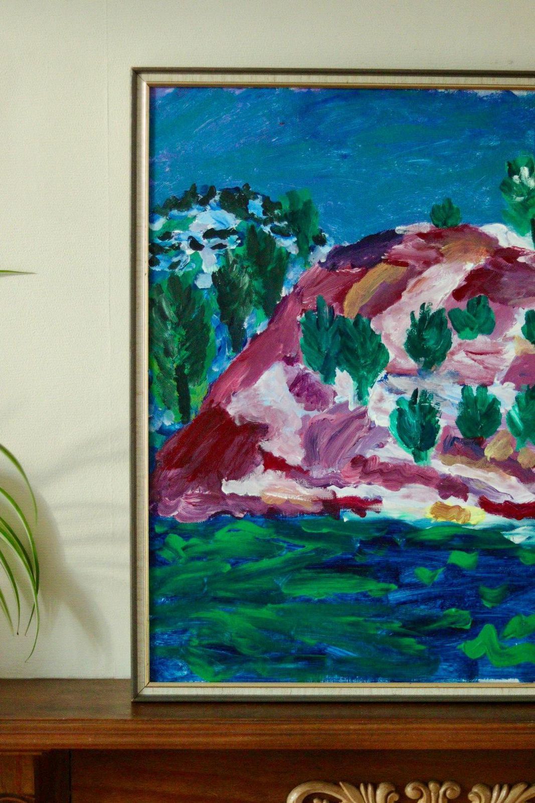 Original Vintage Acrylic On Panel – “Colourful Landscape Motif” By Erp – Framed | 54 X 51 Cm (21.3 X 20.1 In) photo for sale