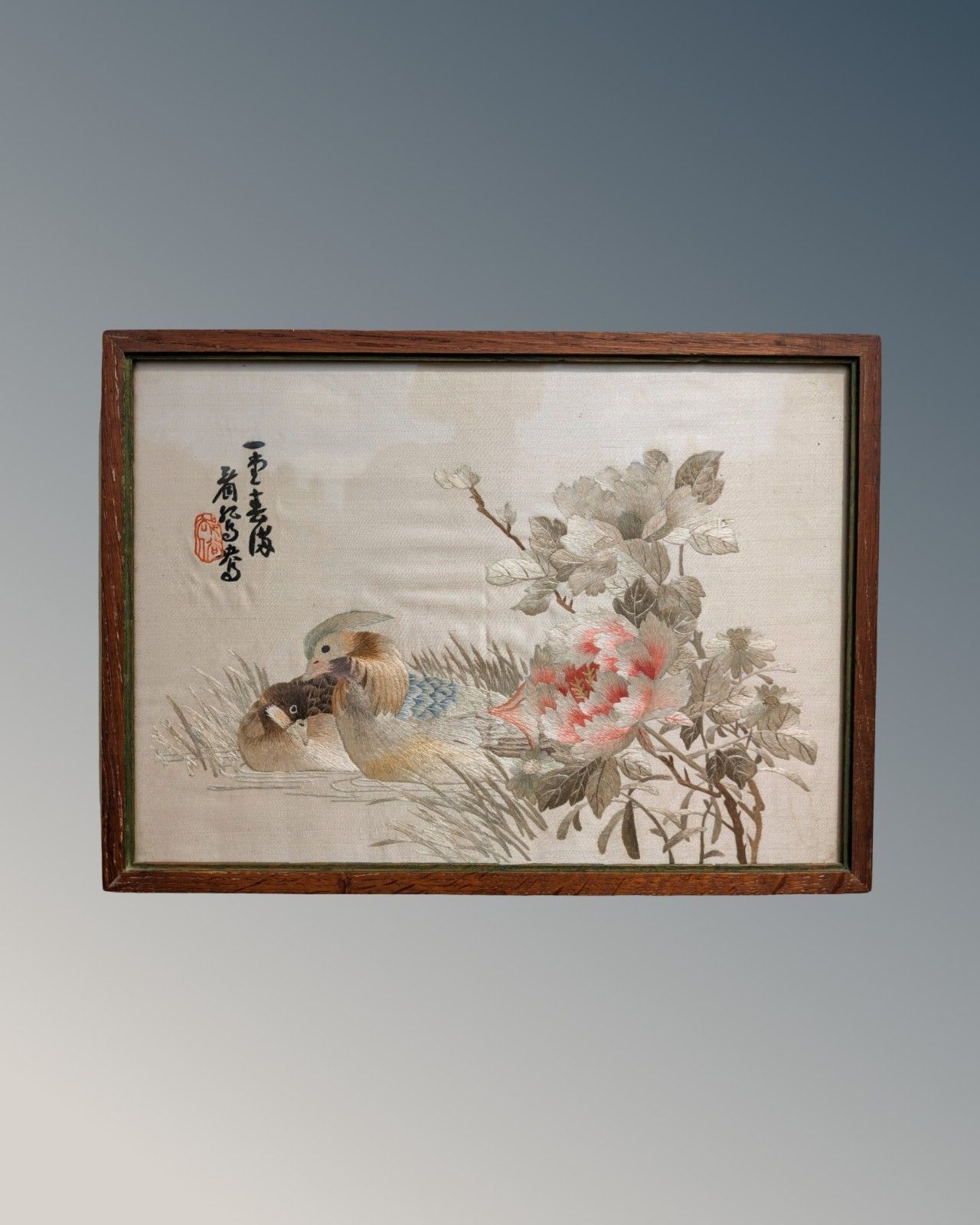 Pair Antique Chinese Embroidered Pictures Garden Birds & Mandarin Ducks photo Textiles