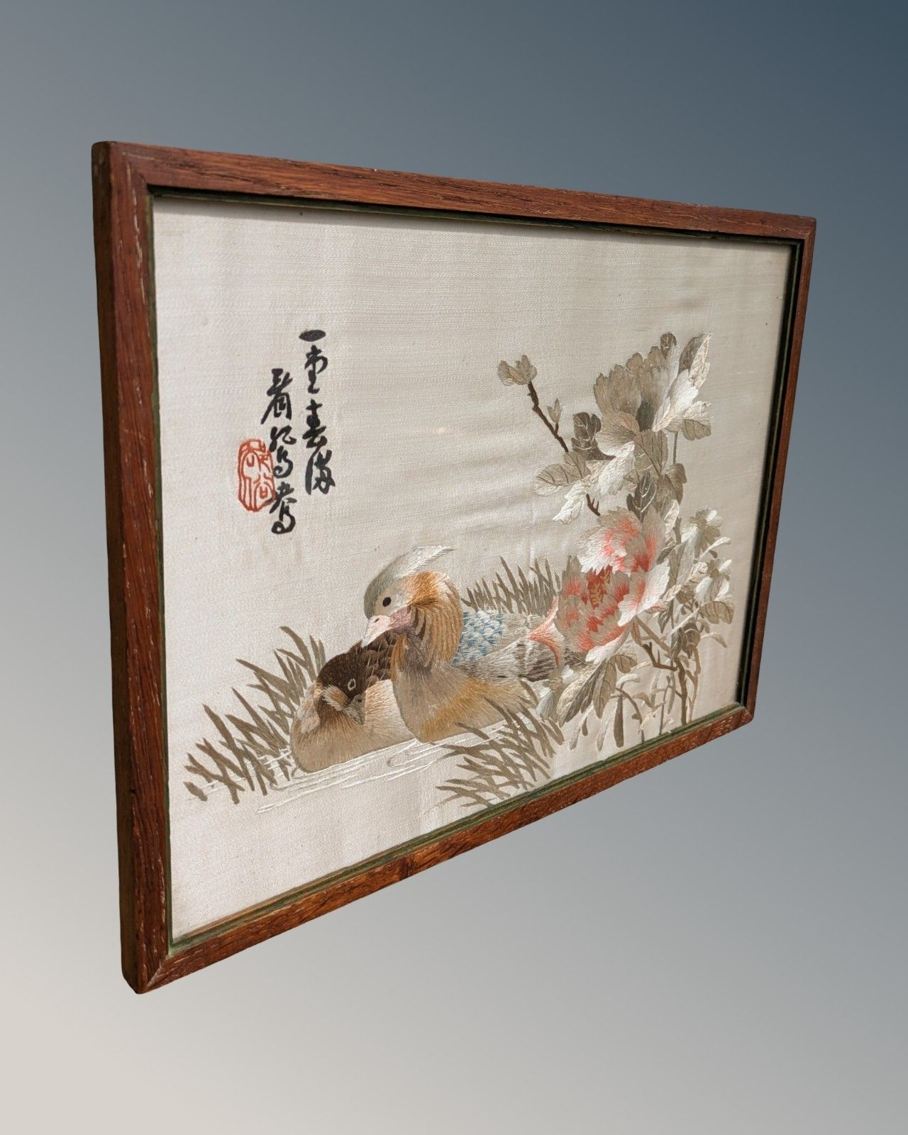 Pair Antique Chinese Embroidered Pictures Garden Birds & Mandarin Ducks photo 235.0