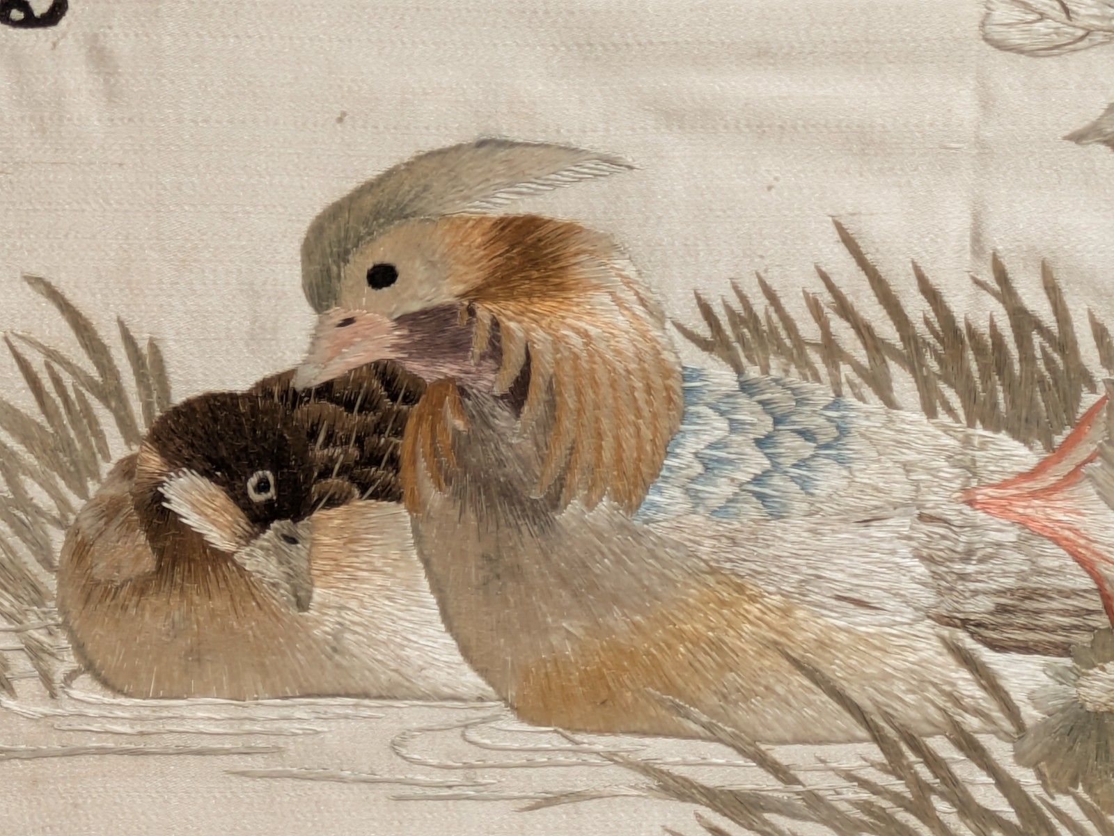 Pair Antique Chinese Embroidered Pictures Garden Birds & Mandarin Ducks photo vintage