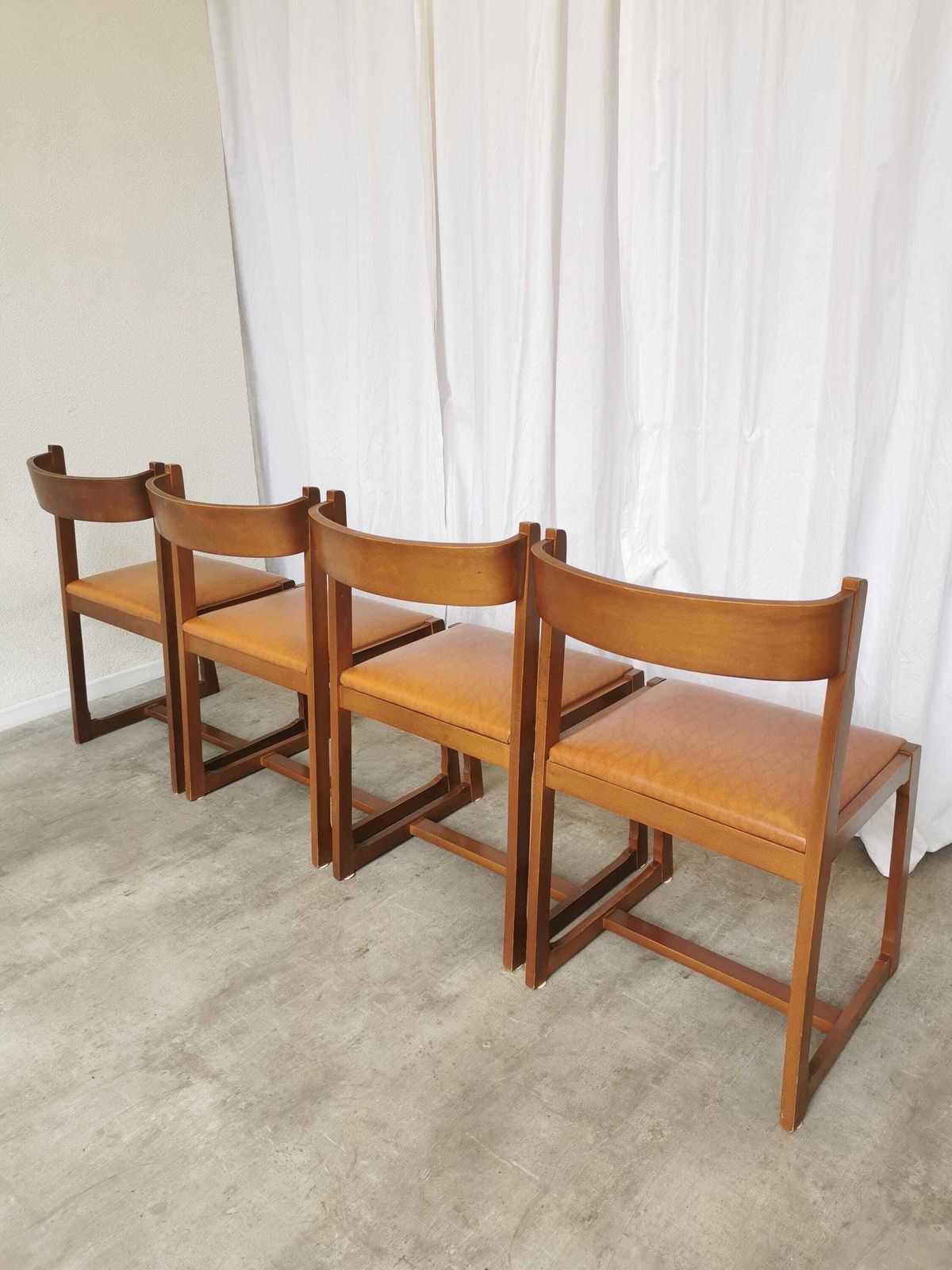Set Of 4 Vintage Dining Chairs / 1970s Mid Century Wooden Sculptural Design With Brown Caramel Faux Leather Seats / Italian Modernist Design photo for sale