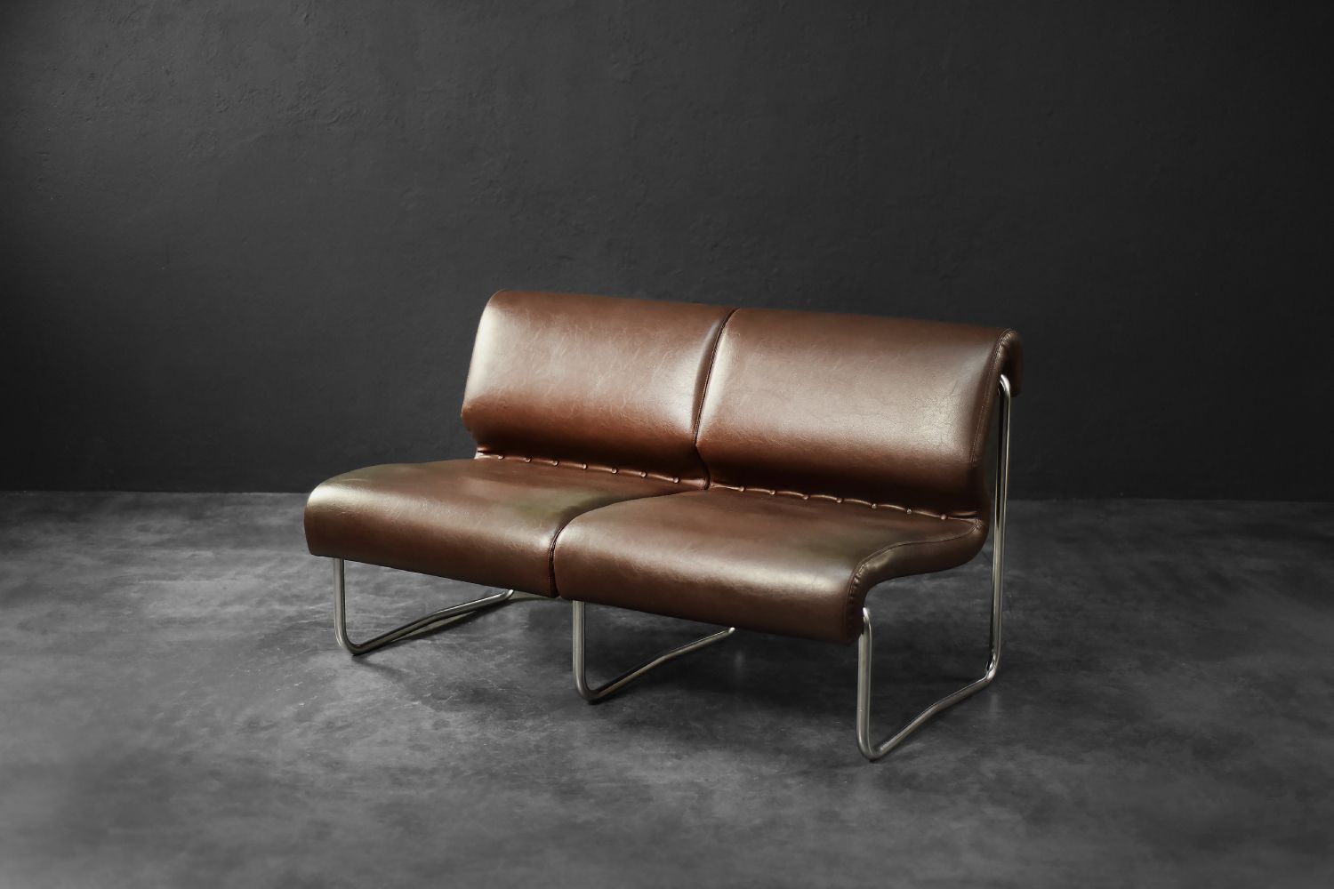Mid Century Modern German 2 Seater Brown Steel Frame Lounge Sofa, 1970s