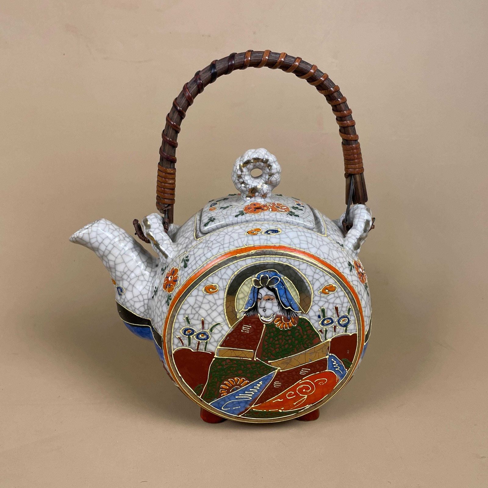 Antique Vintage Chinese Porcelain Teapot Oriental Pattern Decorative Kitchen Tea Pot Asian Bamboo Wood Woven Handle Hand Painted Lid