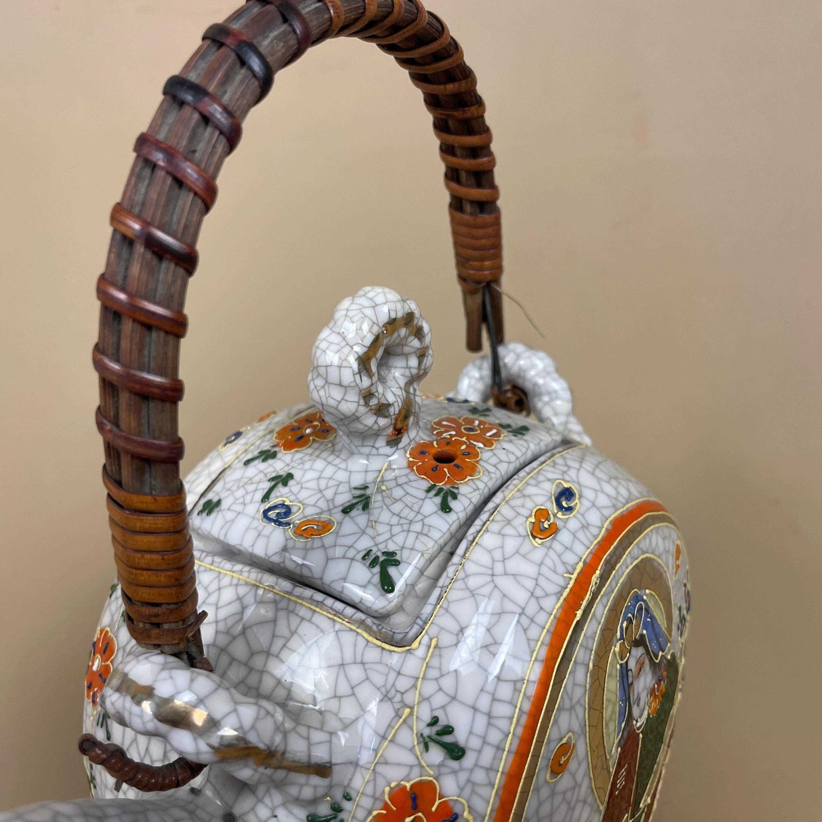 Antique Vintage Chinese Porcelain Teapot Oriental Pattern Decorative Kitchen Tea Pot Asian Bamboo Wood Woven Handle Hand Painted Lid photo 59.0