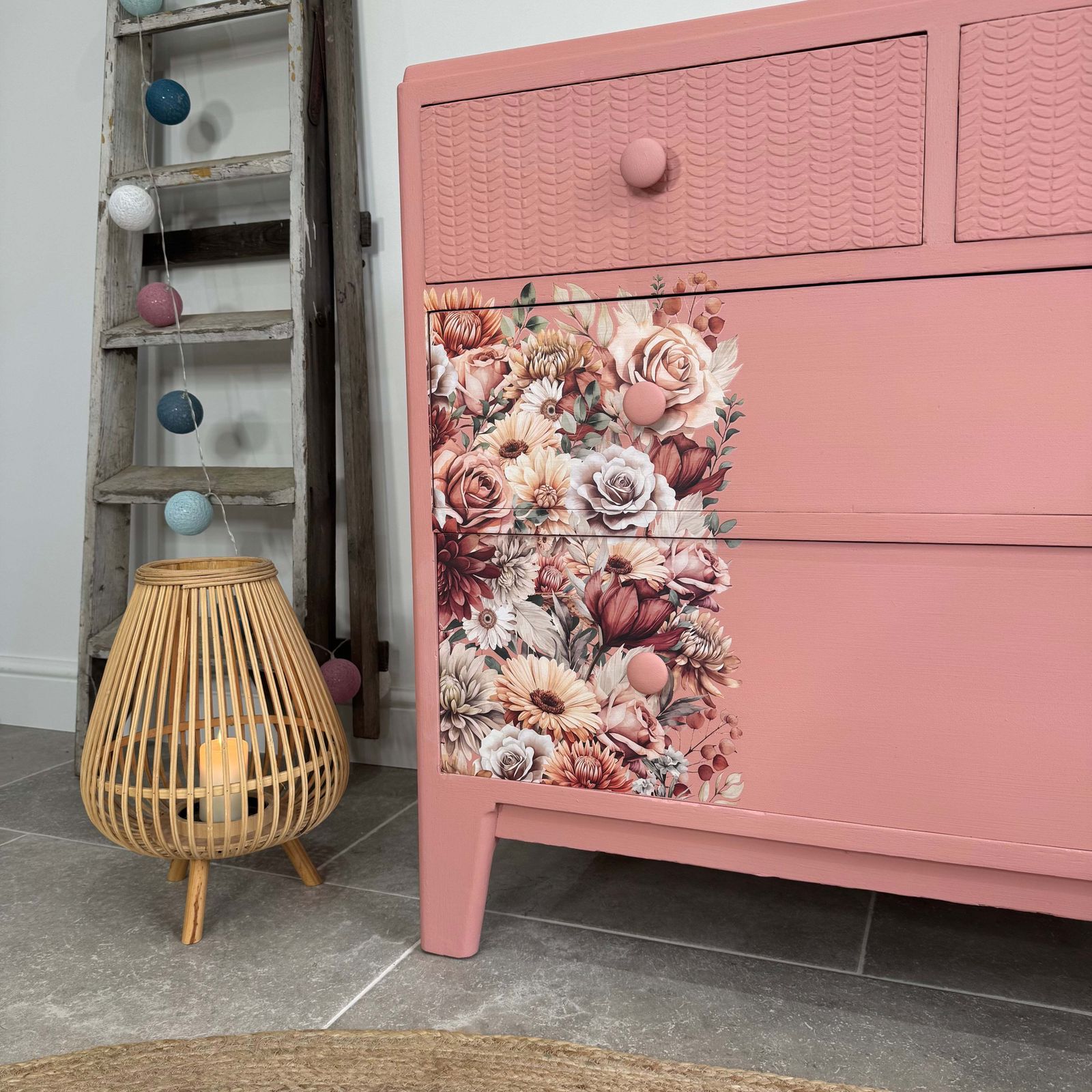 Colourful Pink Retro Chest Of Drawers With Florals photo furniture