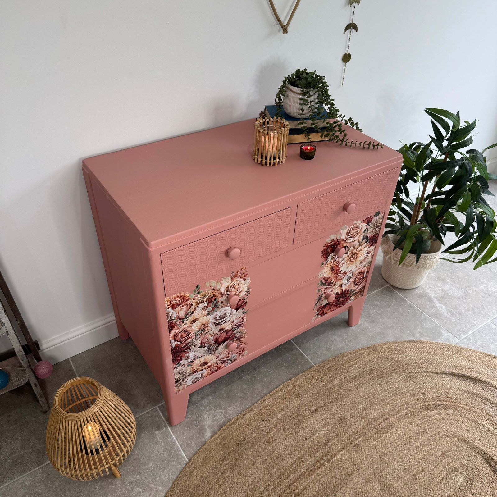 Colourful Pink Retro Chest Of Drawers With Florals photo vintage