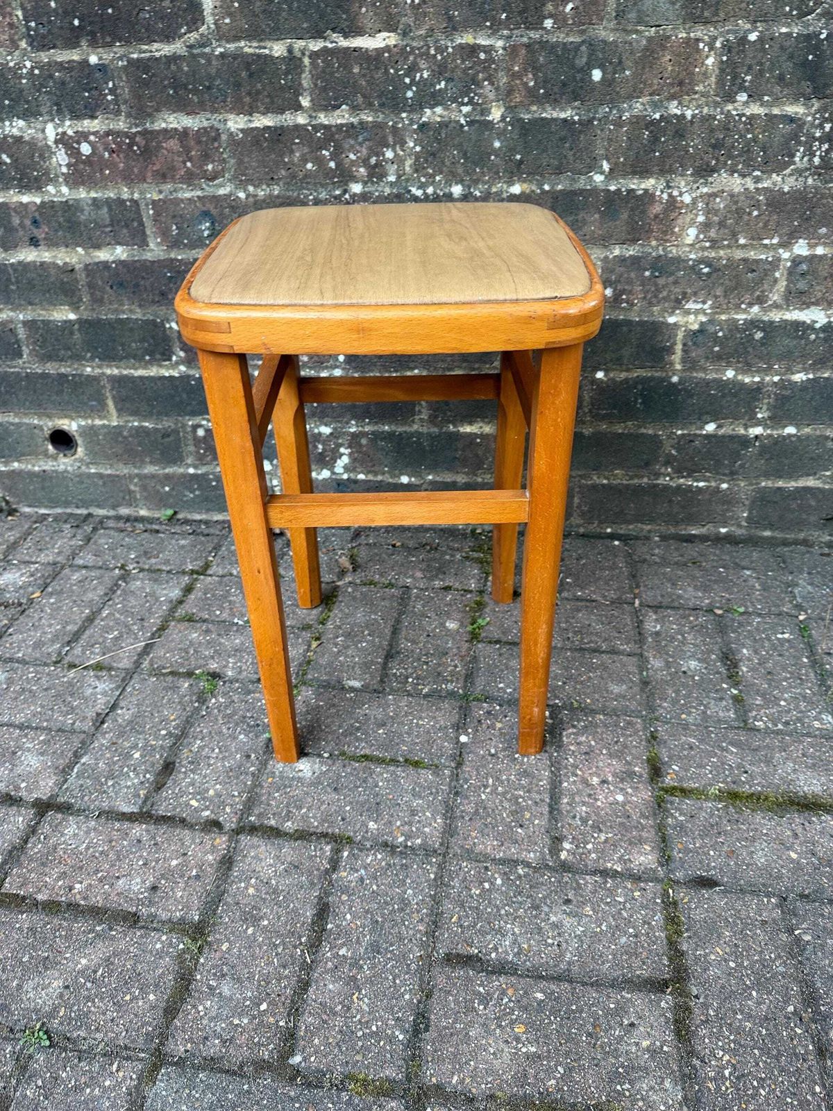 Vintage Retro Vinyl Top Wooden Stool – Retro 1960s 1970s Kitchen Or Utility Seat, Wipe Clean Square Padded Top, Compact Design, Retro Stool photo 85.0