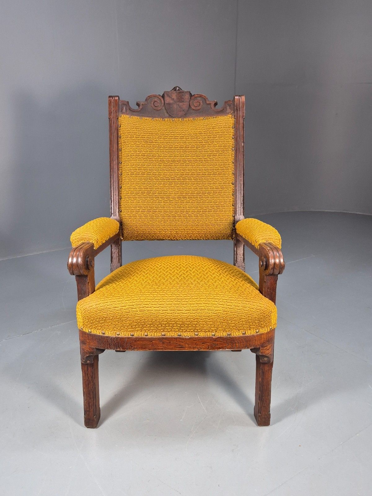 Antique Carved Oak Mustard Patterned Fabric Arm Chair Vintage Eb9788 Vcar photo furniture