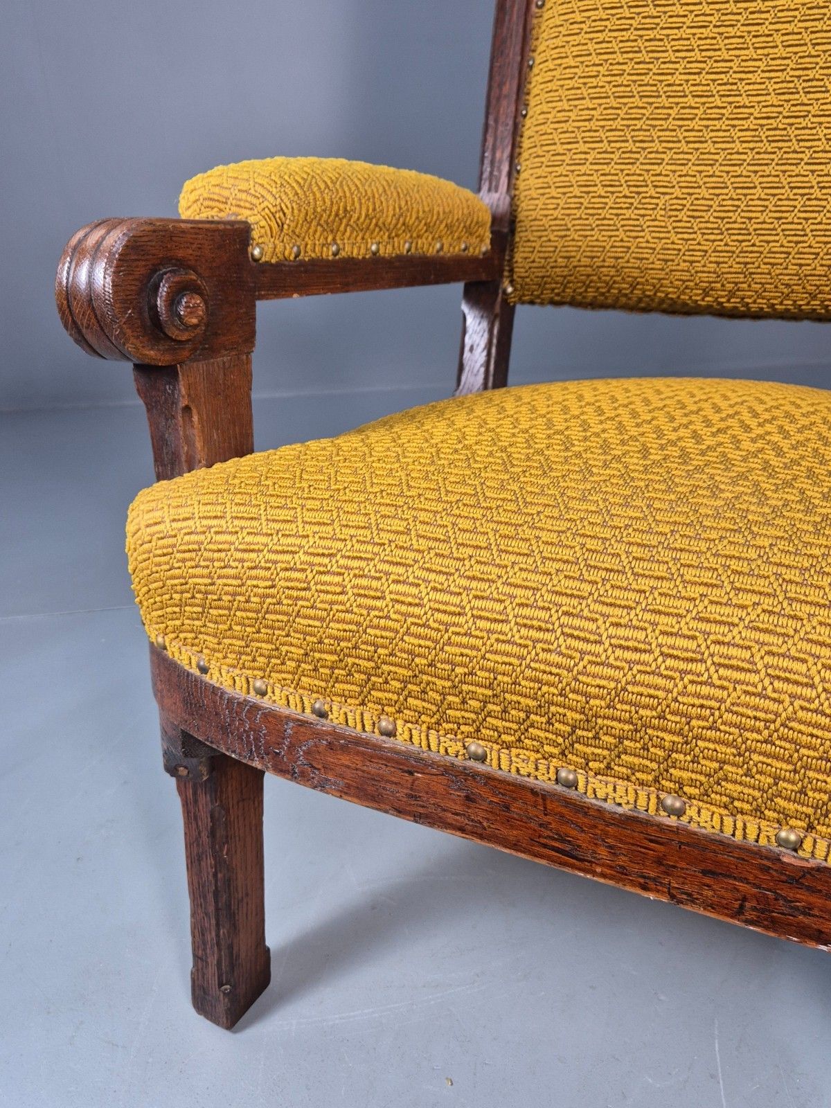 Antique Carved Oak Mustard Patterned Fabric Arm Chair Vintage Eb9788 Vcar photo vinterior