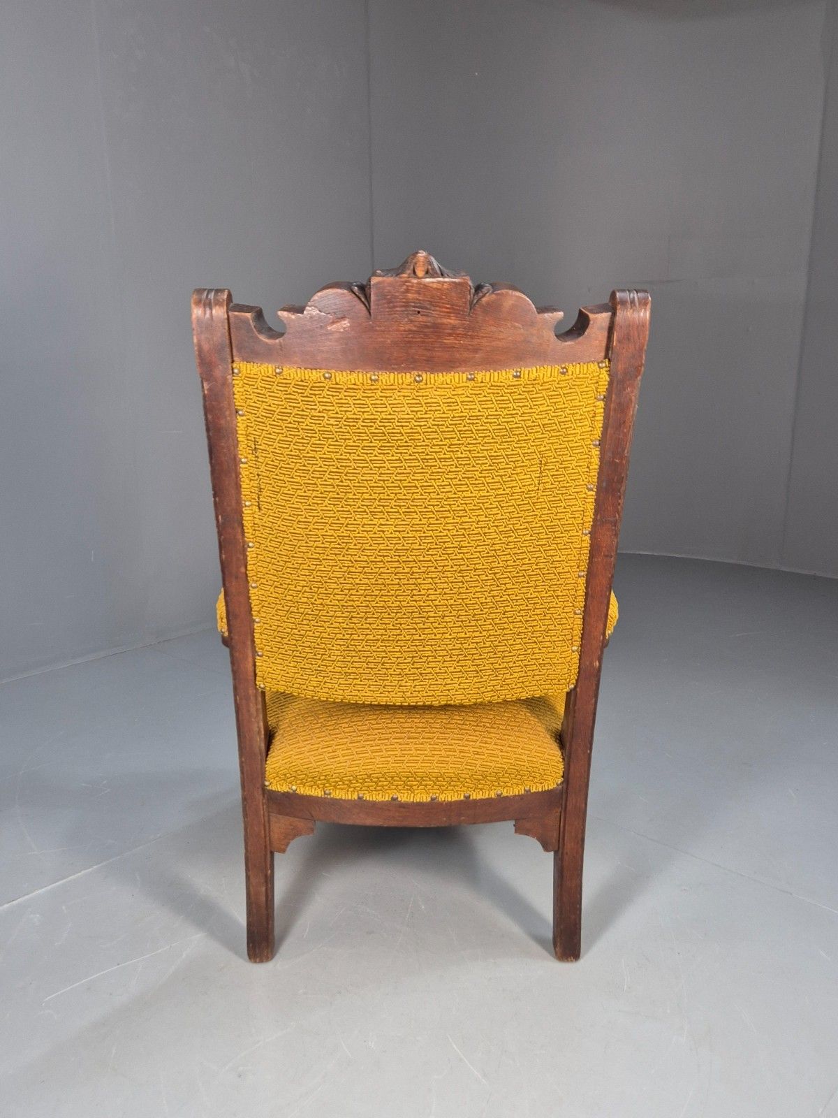 photo vinterior Antique Carved Oak Mustard Patterned Fabric Arm Chair Vintage Eb9788 Vcar