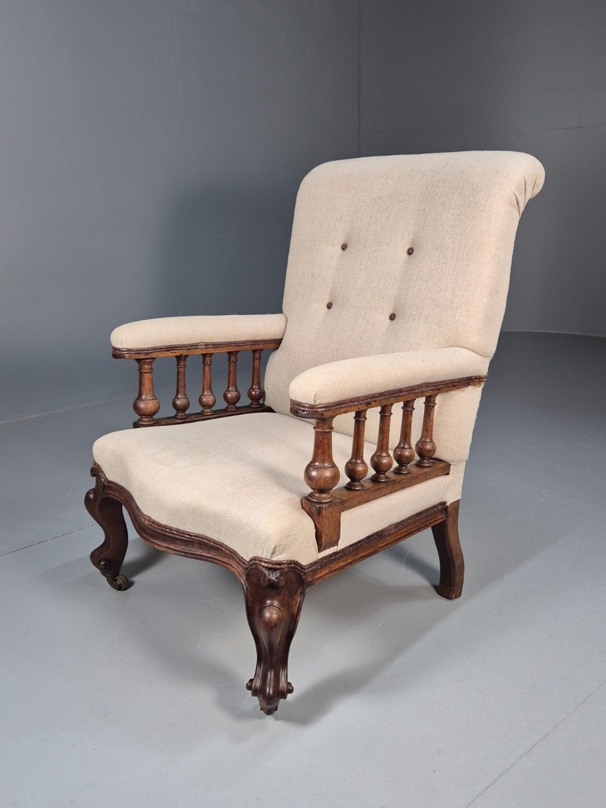 Antique Mahogany Library Chair Cream Fabric Vintage Retro Eb9382 Vclo