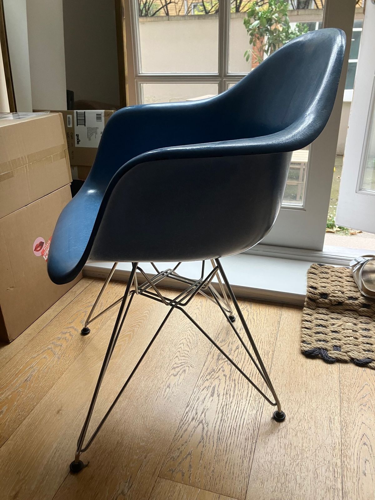 Eames Moulded Fibreglass Armchair With Eiffel Tower Base In Duck Egg Blue photo for sale