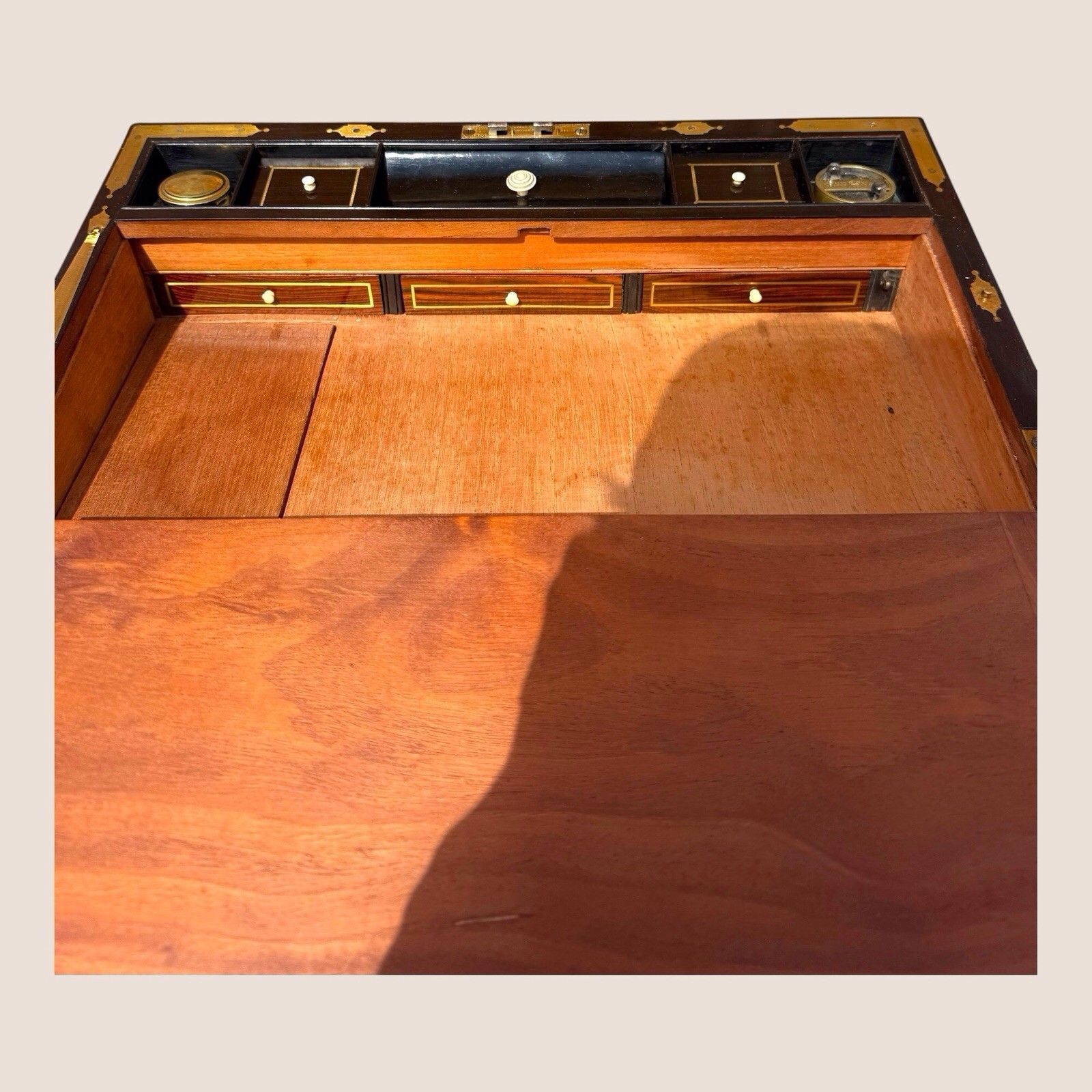 photo furniture Antique Regency Mahogany & Brass Inlaid Campaign Writing Slope Box With Drawer