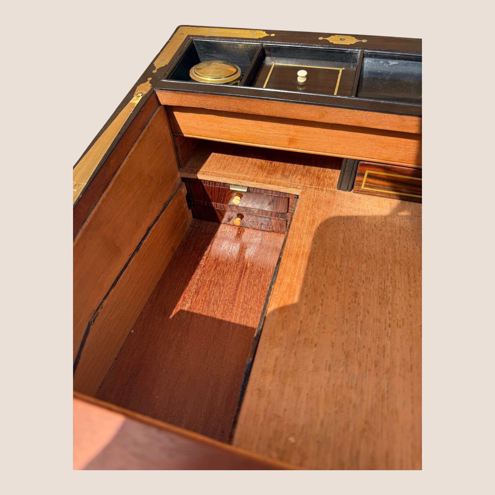 Furniture Antique Regency Mahogany & Brass Inlaid Campaign Writing Slope Box With Drawer photo