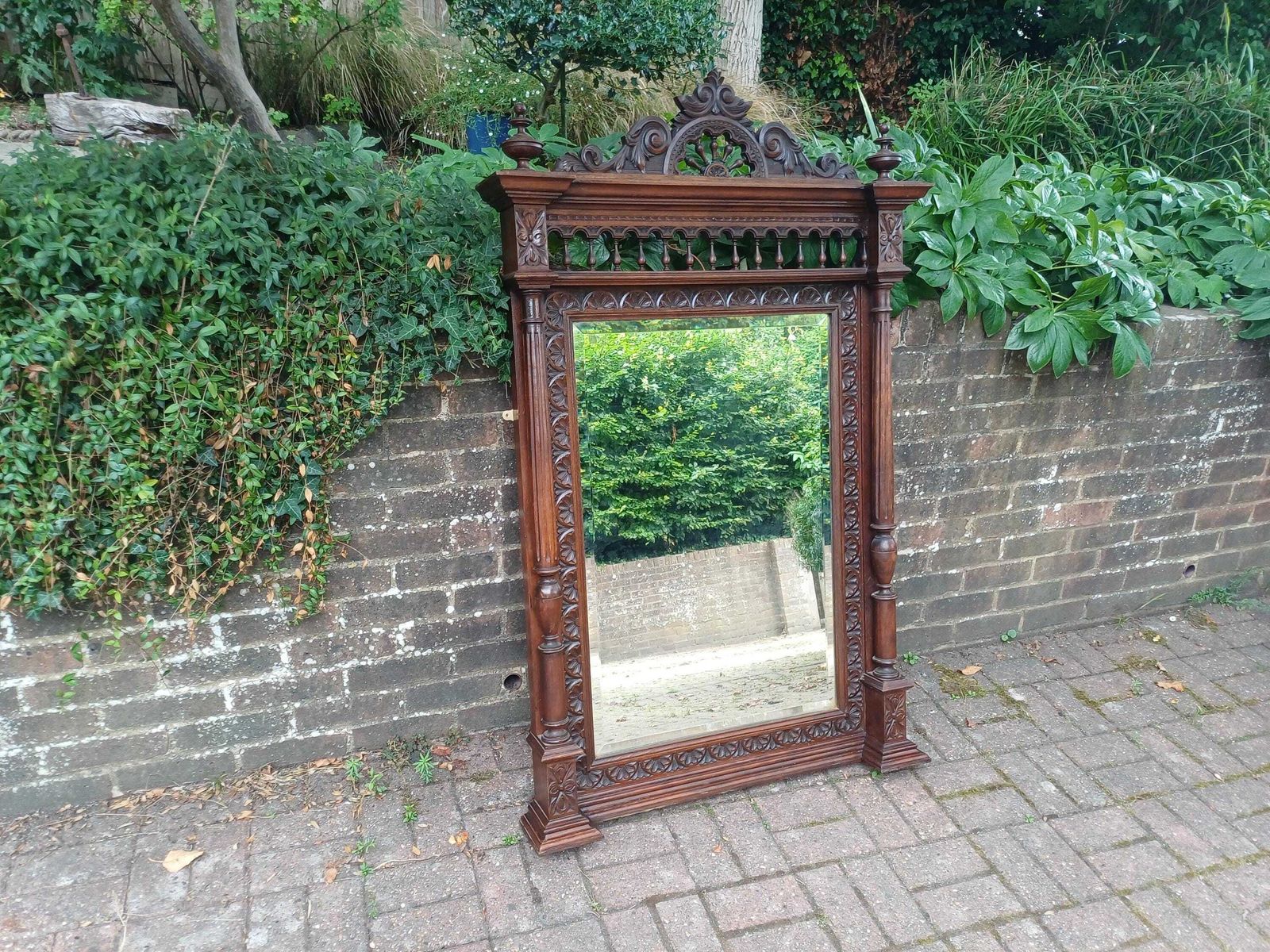 Massive Antique Victorian Carved Oak Over Mantel Mirror Large Ornate Gothic Revival Hall Mirror C1880s Statement Mirror