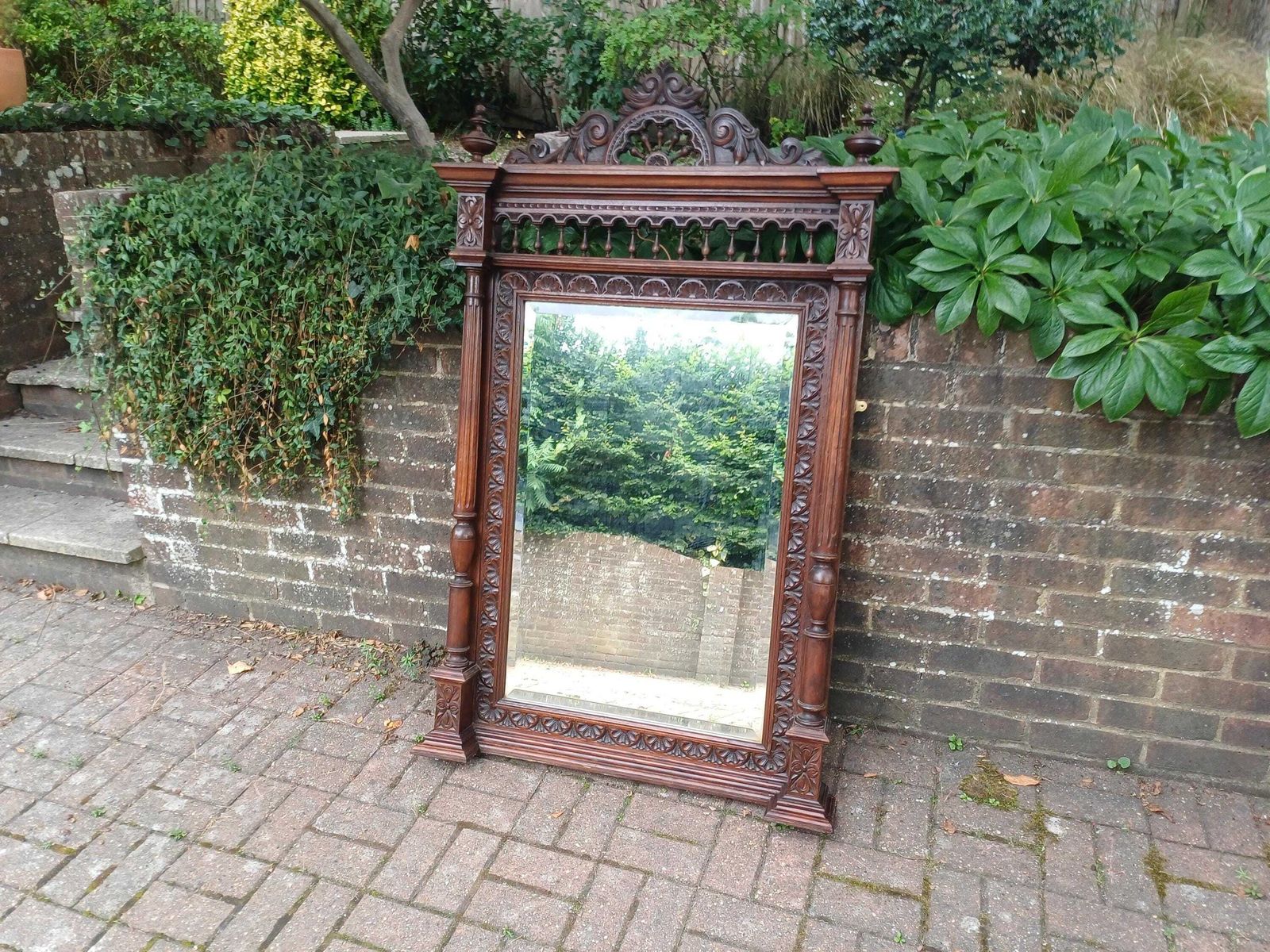 photo furniture Massive Antique Victorian Carved Oak Over Mantel Mirror Large Ornate Gothic Revival Hall Mirror C1880s Statement Mirror
