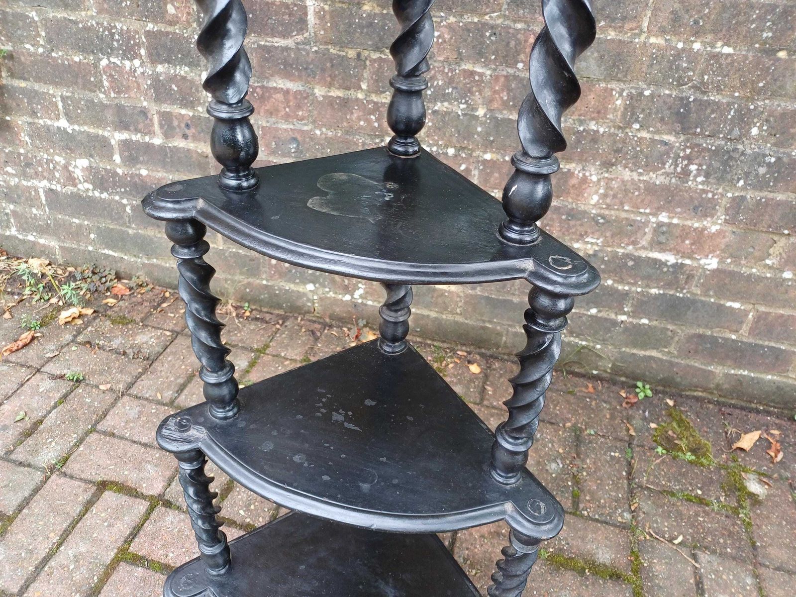photo furniture Antique Black Lacquered Effect Corner étagère With Barley Twist Legs 4 Tier Victorian Gothic Display Shelf Unit Ornate Carved Top Wot Not