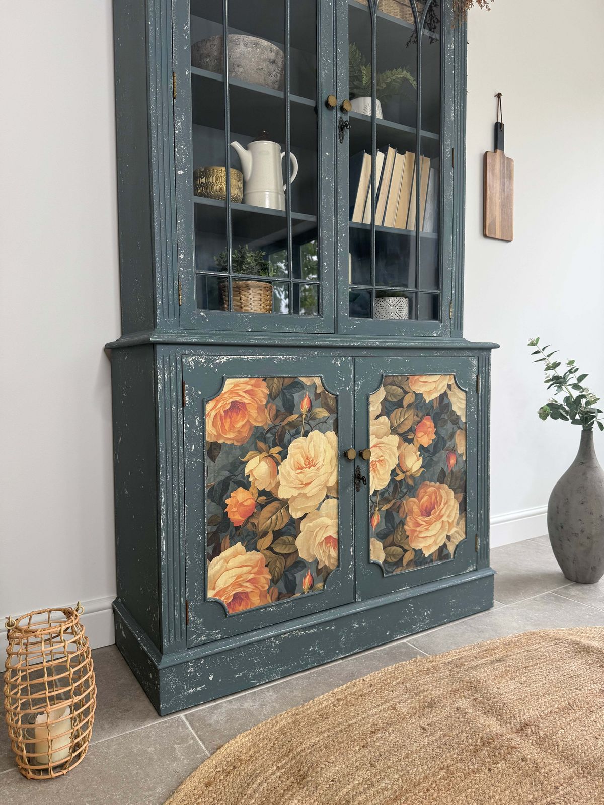 Rustic Glass Display Cabinet Painted Blue And Floral photo for sale
