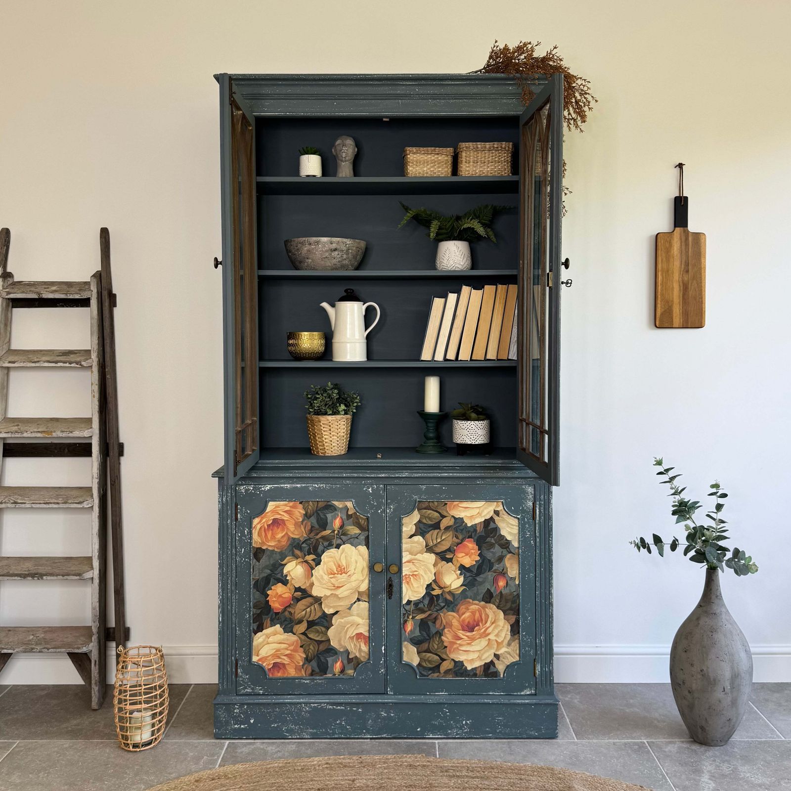 Rustic Glass Display Cabinet Painted Blue And Floral photo buy