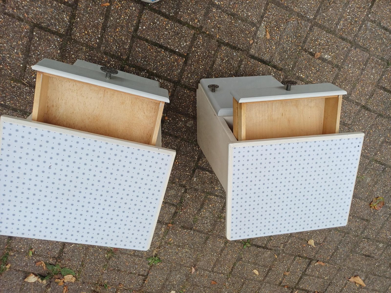 photo furniture Dalek Lookalike! Cute Pair Of 1950s Retro Bedside Cupboards Star Pattern Tops Slanted Front Storage Vintage Cabinets Upcycled Nightstands