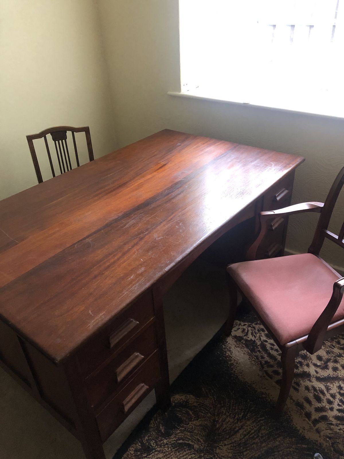 Solid African Hardwood Kneehole Partner Desk Circa 1930 1950 Good Condition photo for sale