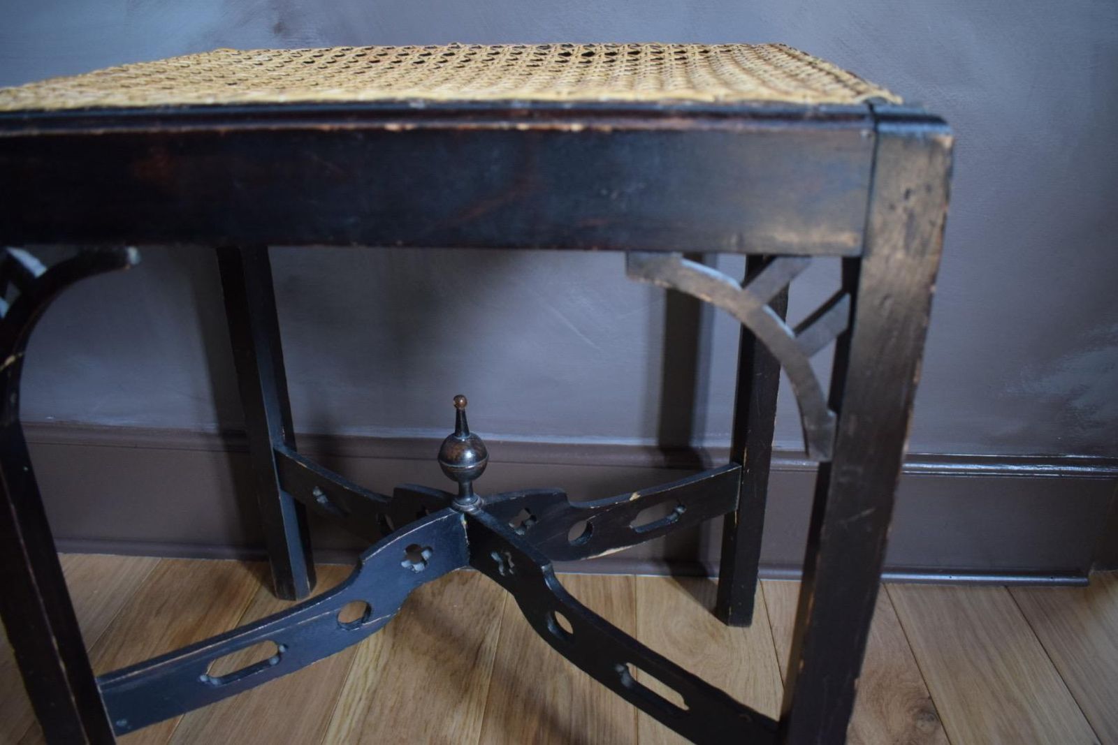1930's Chippendale Style Stool With Woven Cane Seat photo vinterior