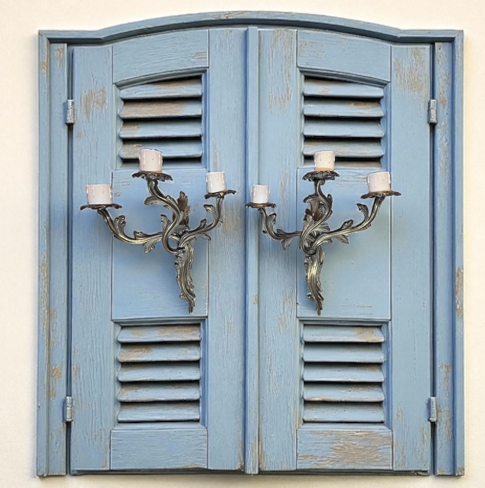 A Pair Of  French Triple Arm Gilded Antique Brass Wall Lights